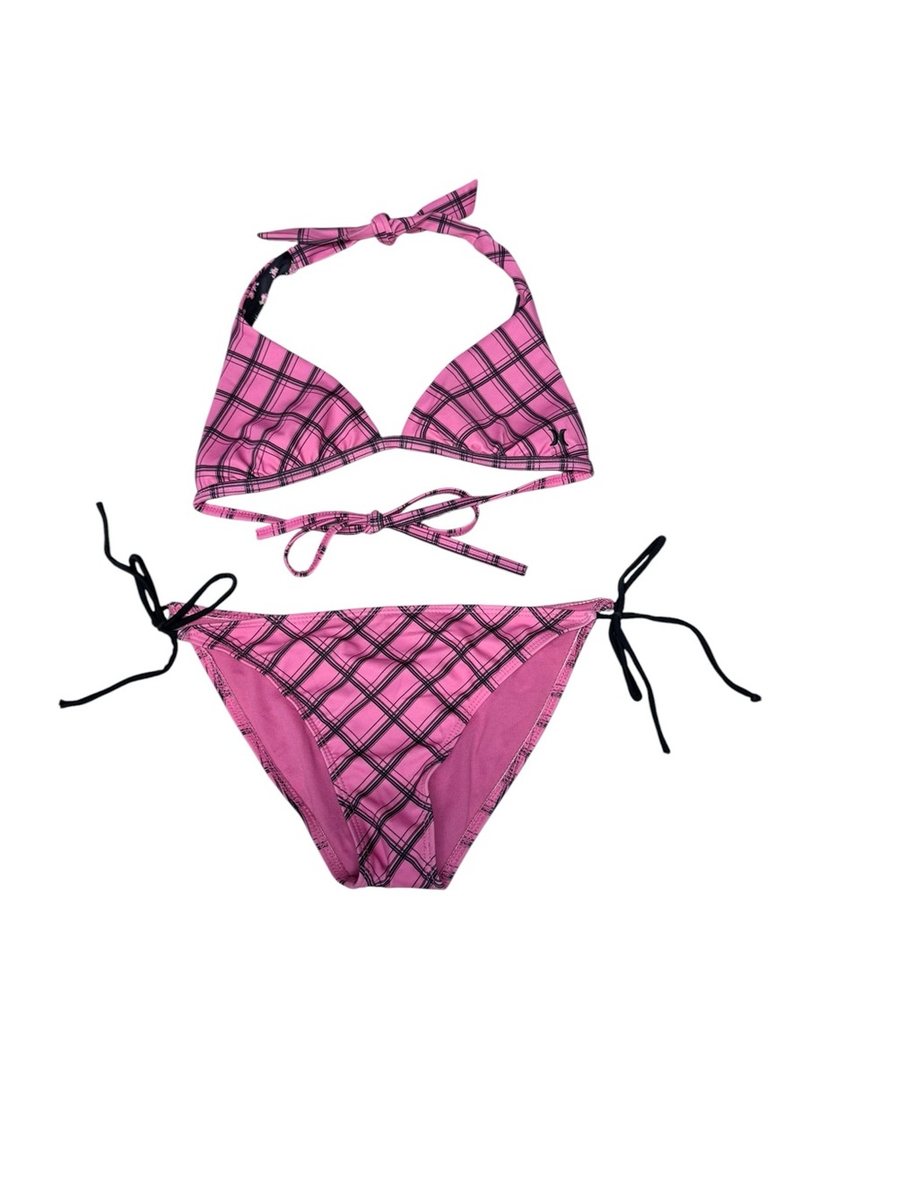 Hurley Reversible Two-Piece Bikini Set Pink Black Plaid/Floral